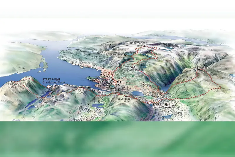 Map of the Seven Mountains hike (7-fjellsturen) in Bergen