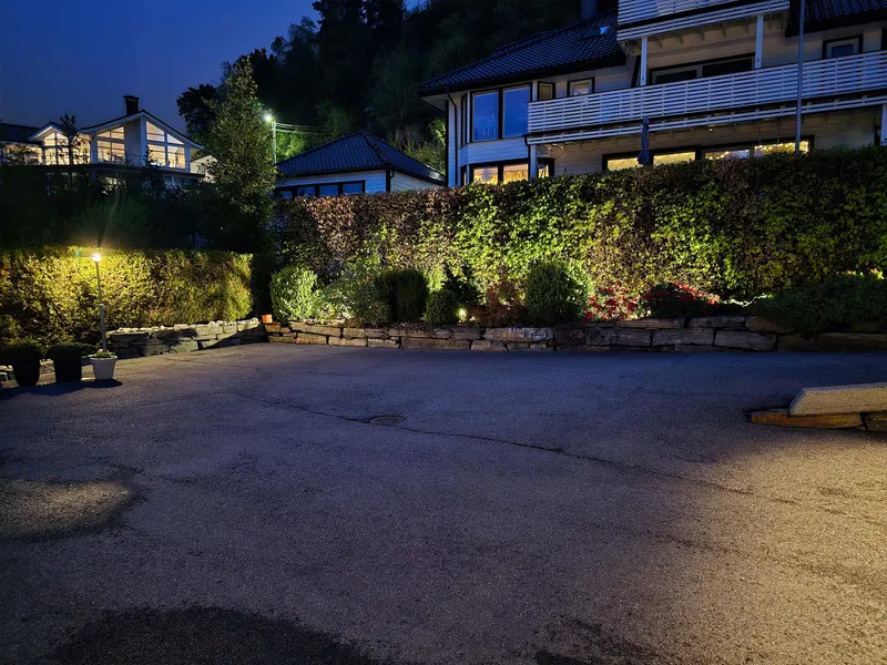 Upper garden and parking in the evening light
