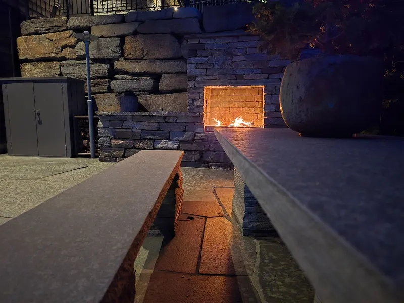 Fire in the stone fireplace