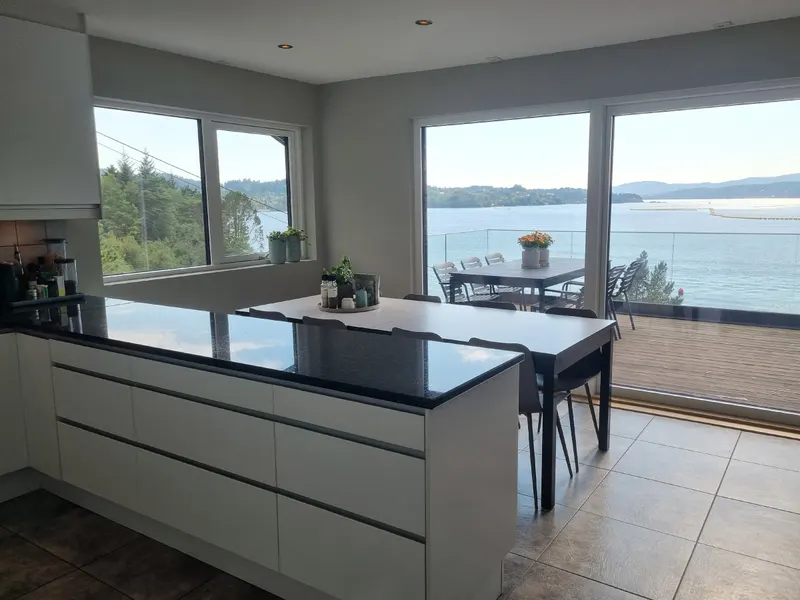 Kitchen island with a view of the sea